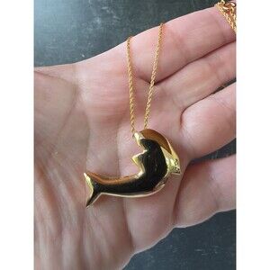 Gold Tone Metal Dolphin Pendant Necklace Vintage Costume Jewelry